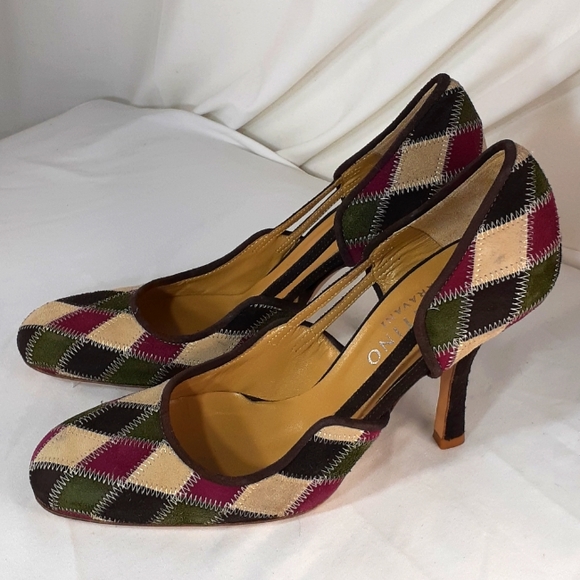 Valentino Shoes - Valentino vintage Y2K patchwork suede heels burgundy green cream Brown